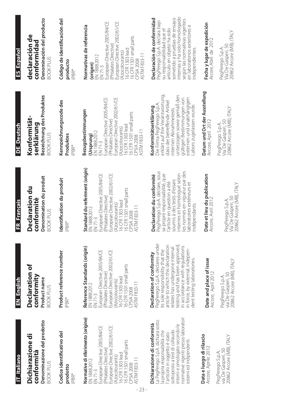 Dichiar azione di conf ormità, Declar ation of conf ormit y, Declar ation du conf ormit è | Konf ormitä t- ser klär ung, Declar ación de conf ormidad | Peg-Perego Book Plus User Manual | Page 23 / 24