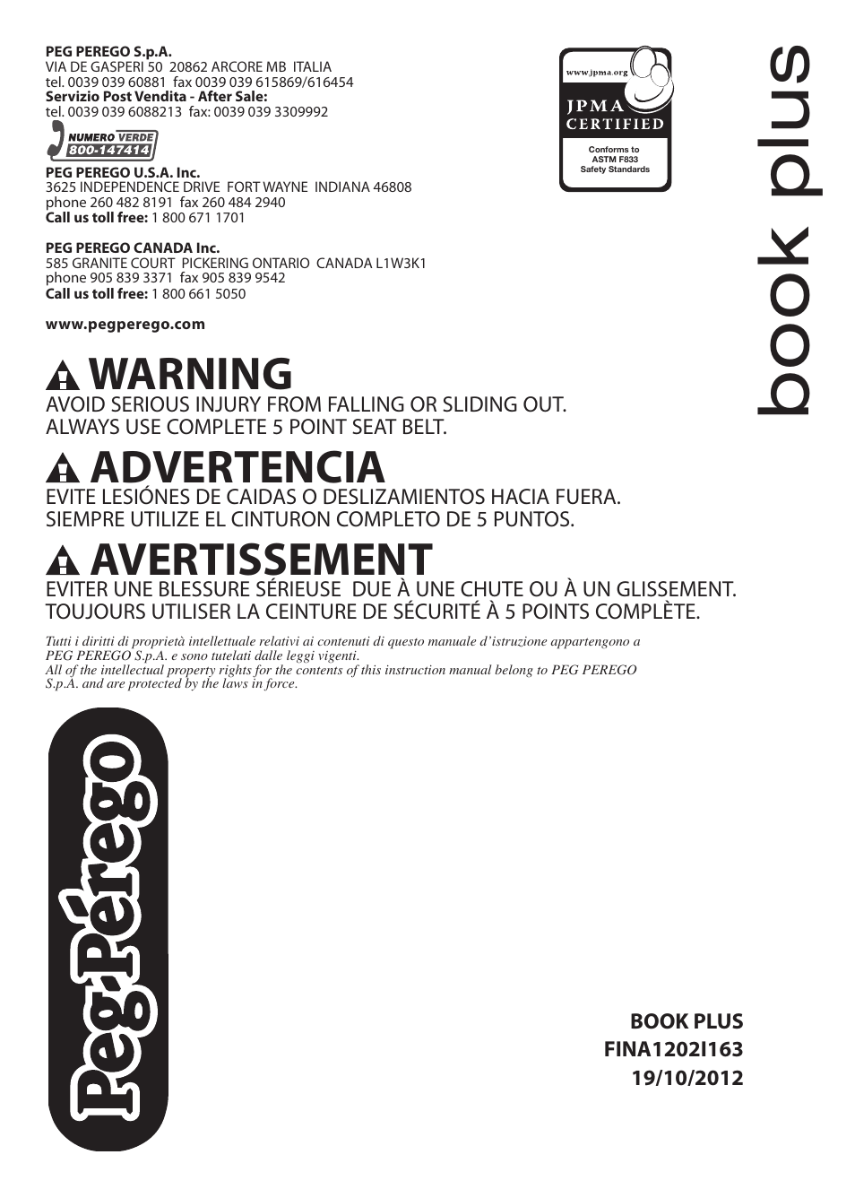 Warning, Advertencia, Avertissement | Peg-Perego Book Plus User Manual | Page 24 / 24