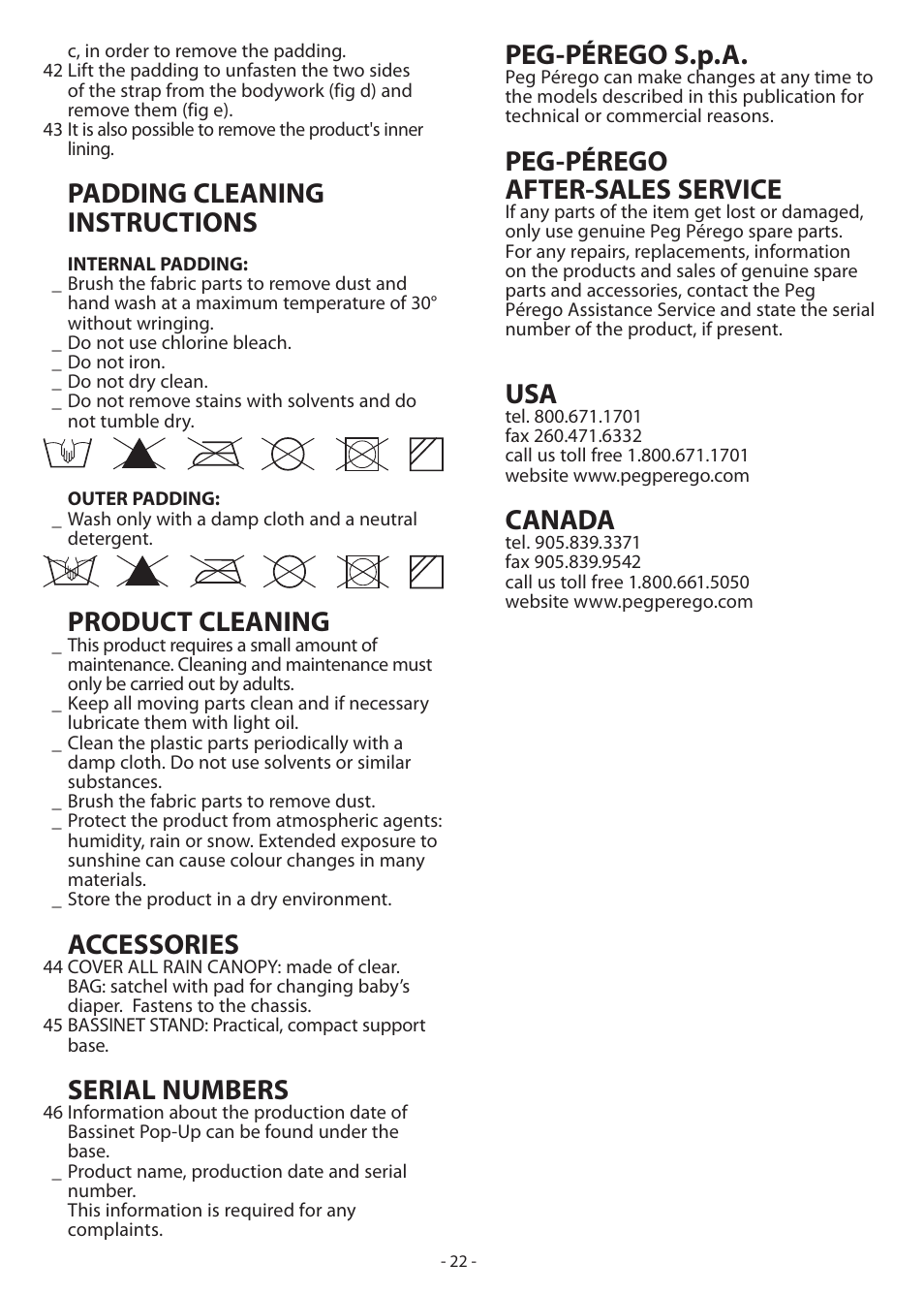 Padding cleaning instructions, Product cleaning, Accessories | Serial numbers, Peg-pérego s.p.a, Peg-pérego after-sales service, Canada | Peg-Perego Book Pop-Up User Manual | Page 22 / 36
