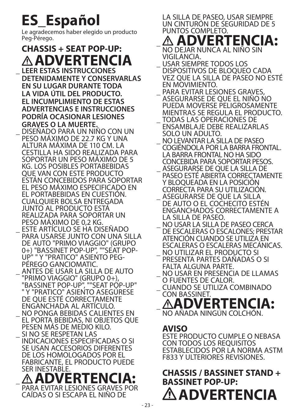 Es_español, Advertencia, Chassis + seat pop-up | Aviso, Chassis / bassinet stand + bassinet pop-up | Peg-Perego Book Pop-Up User Manual | Page 23 / 36