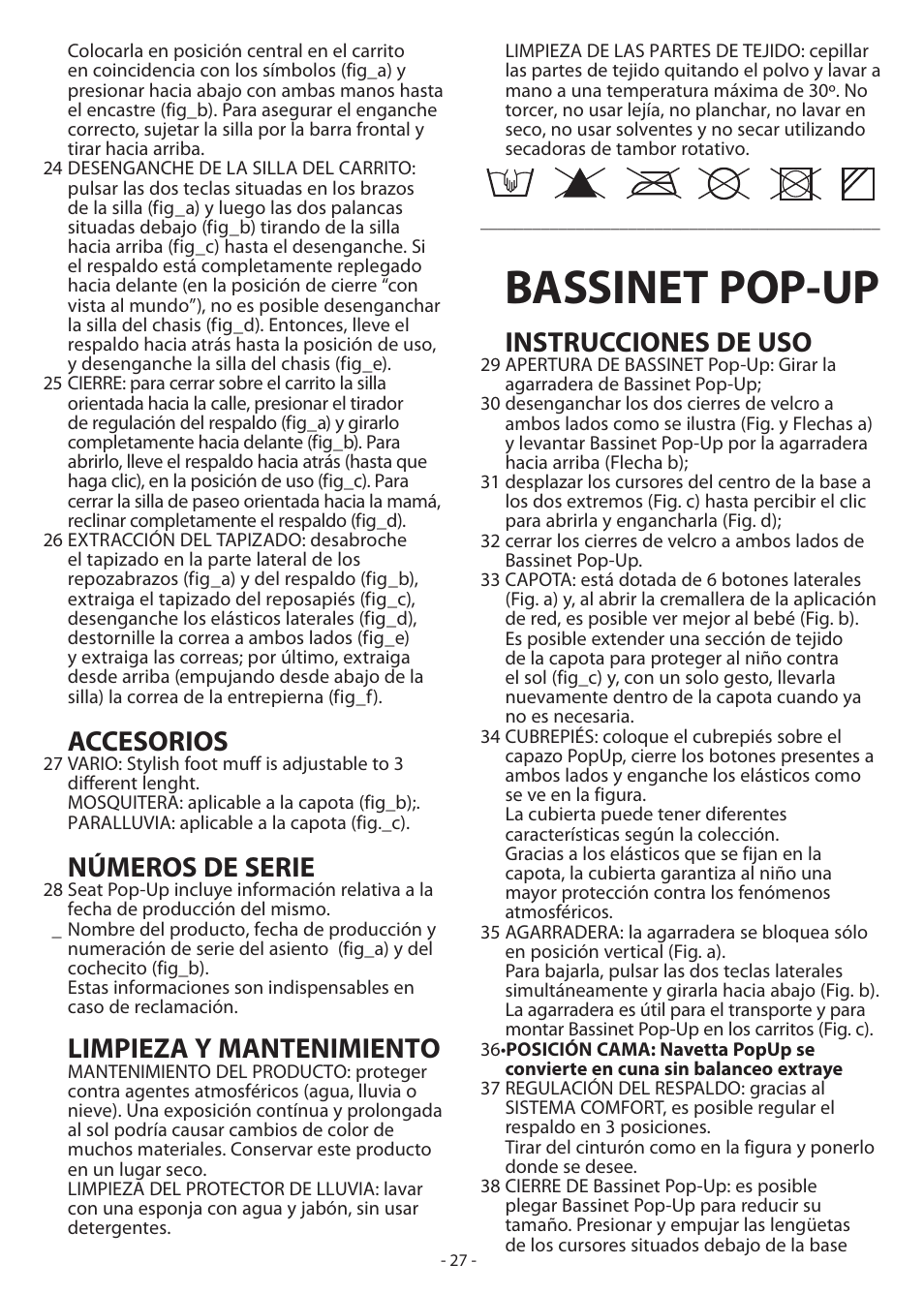 Bassinet pop-up, Accesorios, Números de serie | Limpieza y mantenimiento, Instrucciones de uso | Peg-Perego Book Pop-Up User Manual | Page 27 / 36