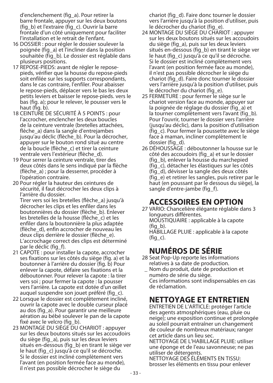 Accessoires en option, Numéros de série, Nettoyage et entretien | Peg-Perego Book Pop-Up User Manual | Page 33 / 36