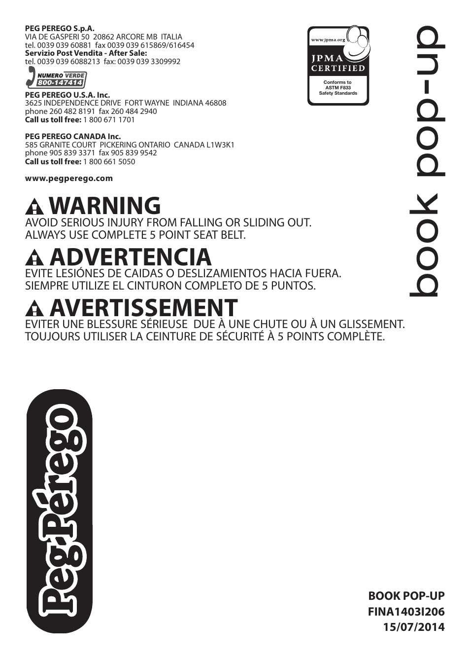 Warning, Advertencia, Avertissement | Peg-Perego Book Pop-Up User Manual | Page 36 / 36