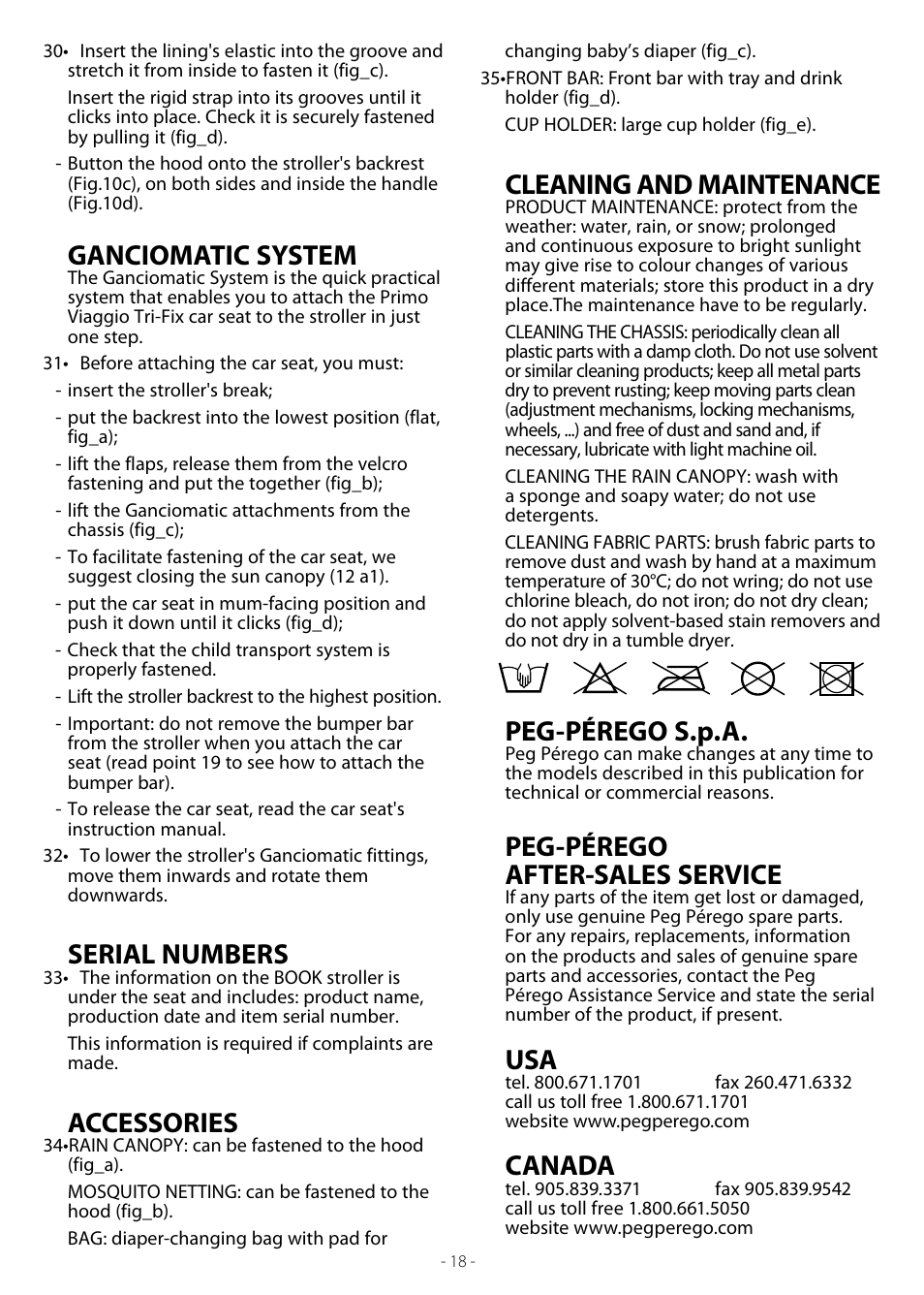 Ganciomatic system, Serial numbers, Accessories | Cleaning and maintenance, Peg-pérego s.p.a, Peg-pérego after-sales service, Canada | Peg-Perego Book User Manual | Page 18 / 28