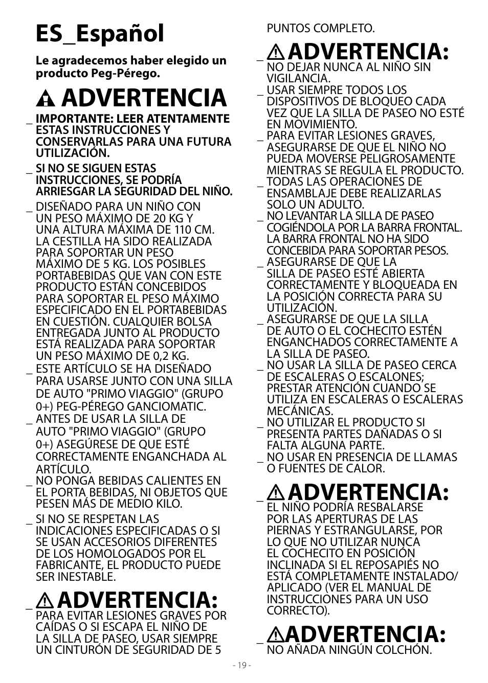 Advertencia, Es_español | Peg-Perego Book User Manual | Page 19 / 28