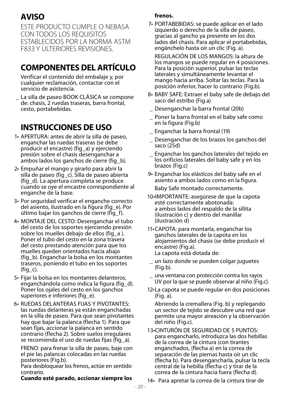 Aviso, Componentes del artículo, Instrucciones de uso | Peg-Perego Book User Manual | Page 20 / 28