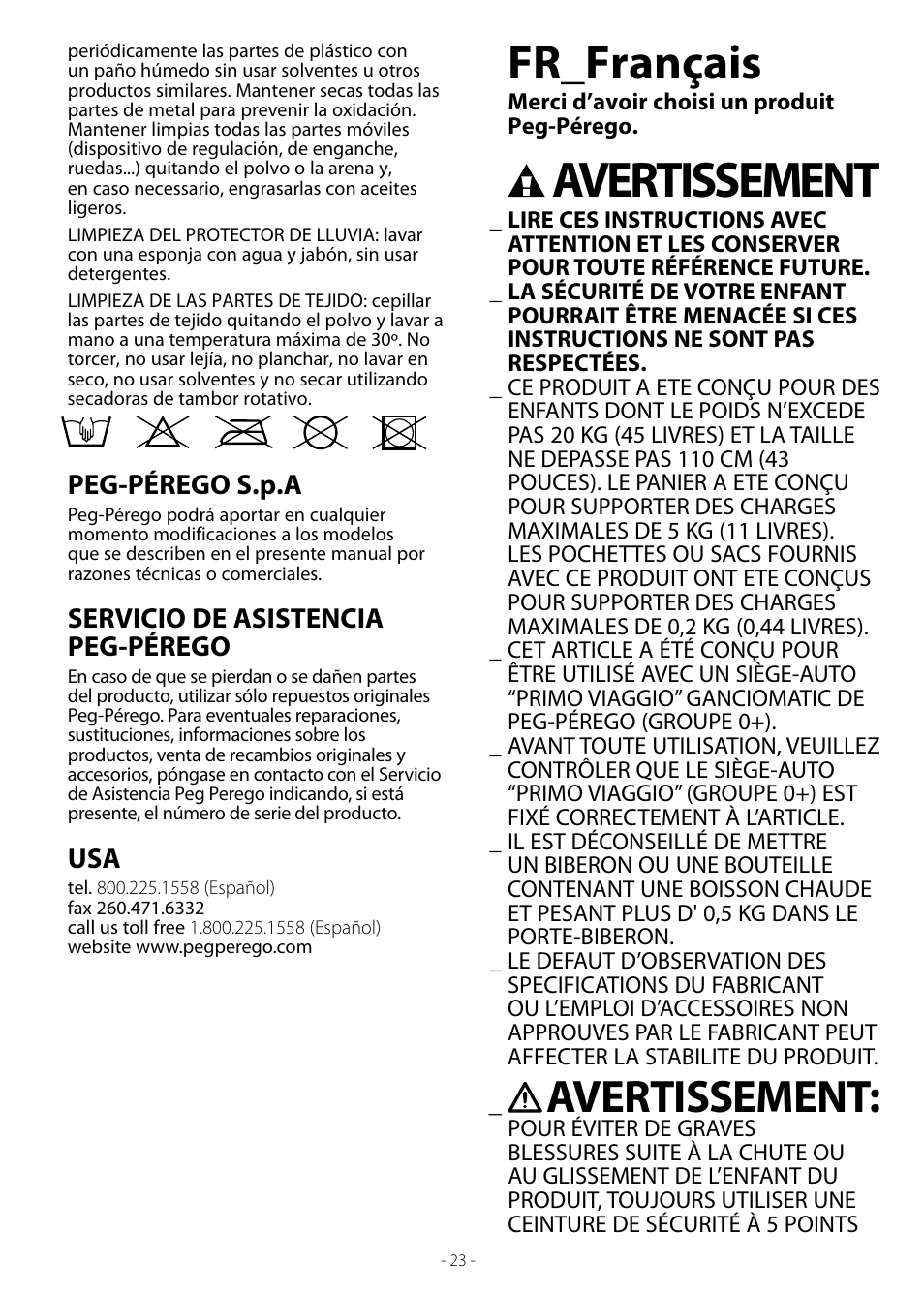 Avertissement, Fr_français, Peg-pérego s.p.a | Servicio de asistencia peg-pérego | Peg-Perego Book User Manual | Page 23 / 28