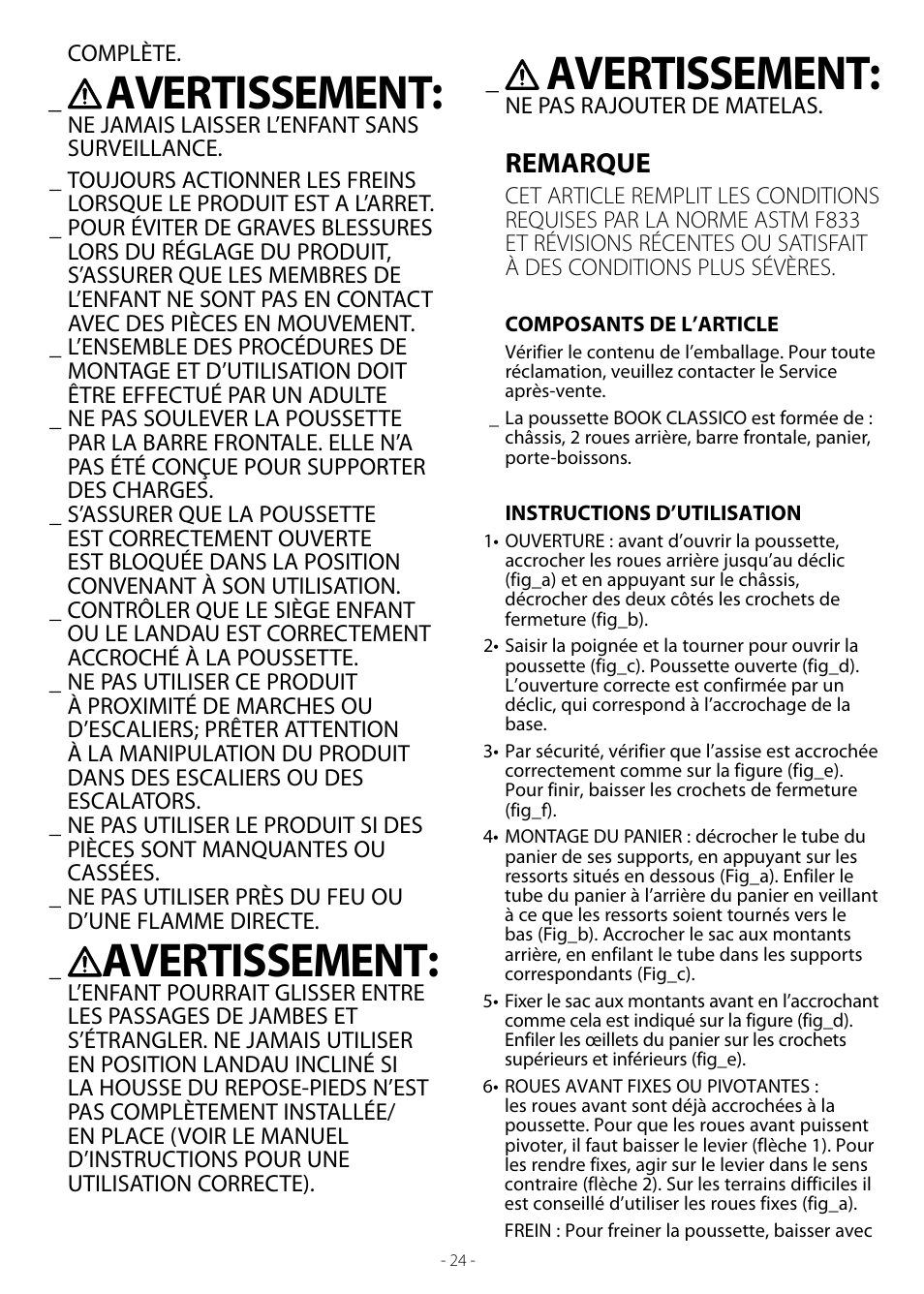 Avertissement, Remarque | Peg-Perego Book User Manual | Page 24 / 28