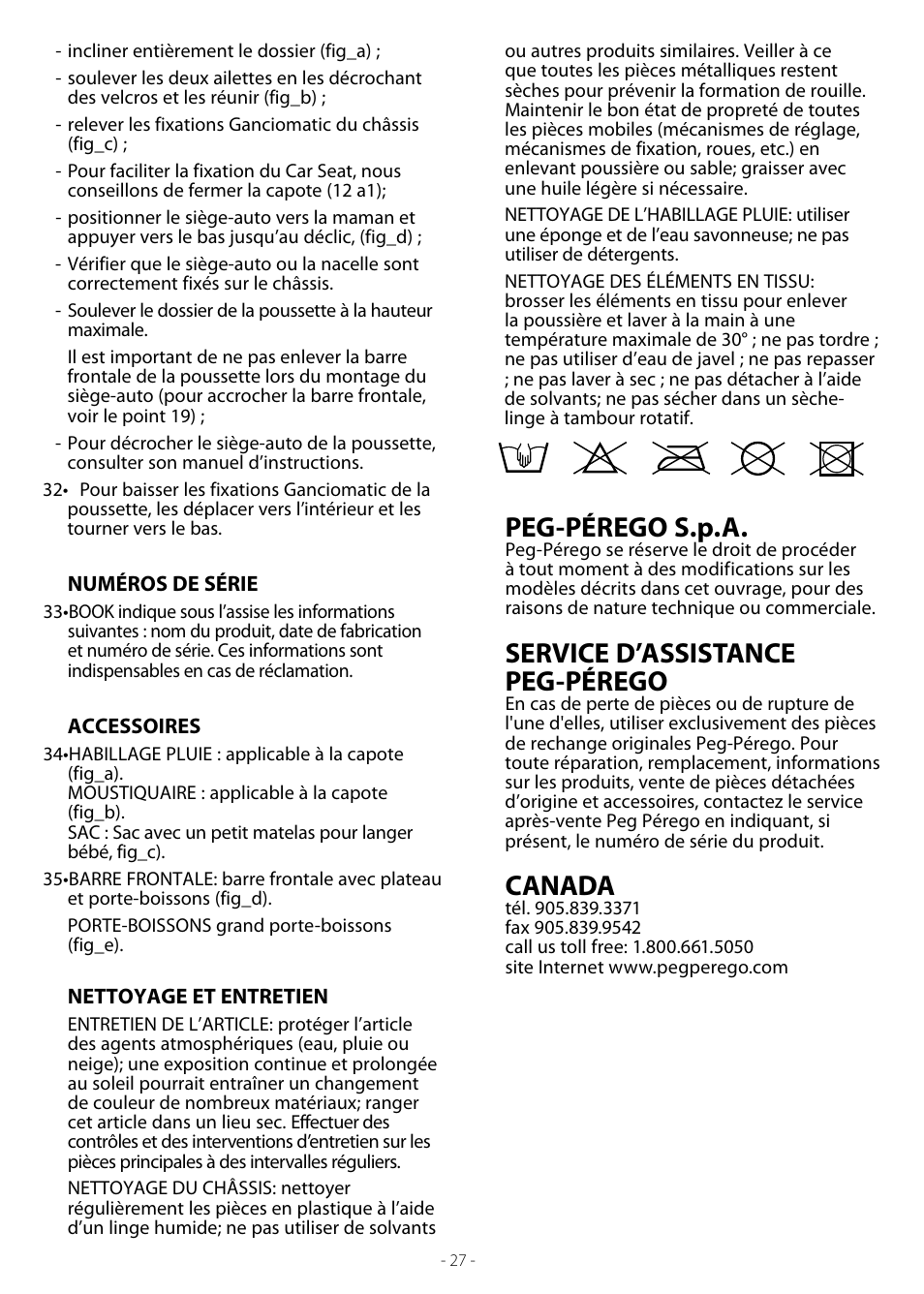 Peg-pérego s.p.a, Service d’assistance peg-pérego, Canada | Peg-Perego Book User Manual | Page 27 / 28