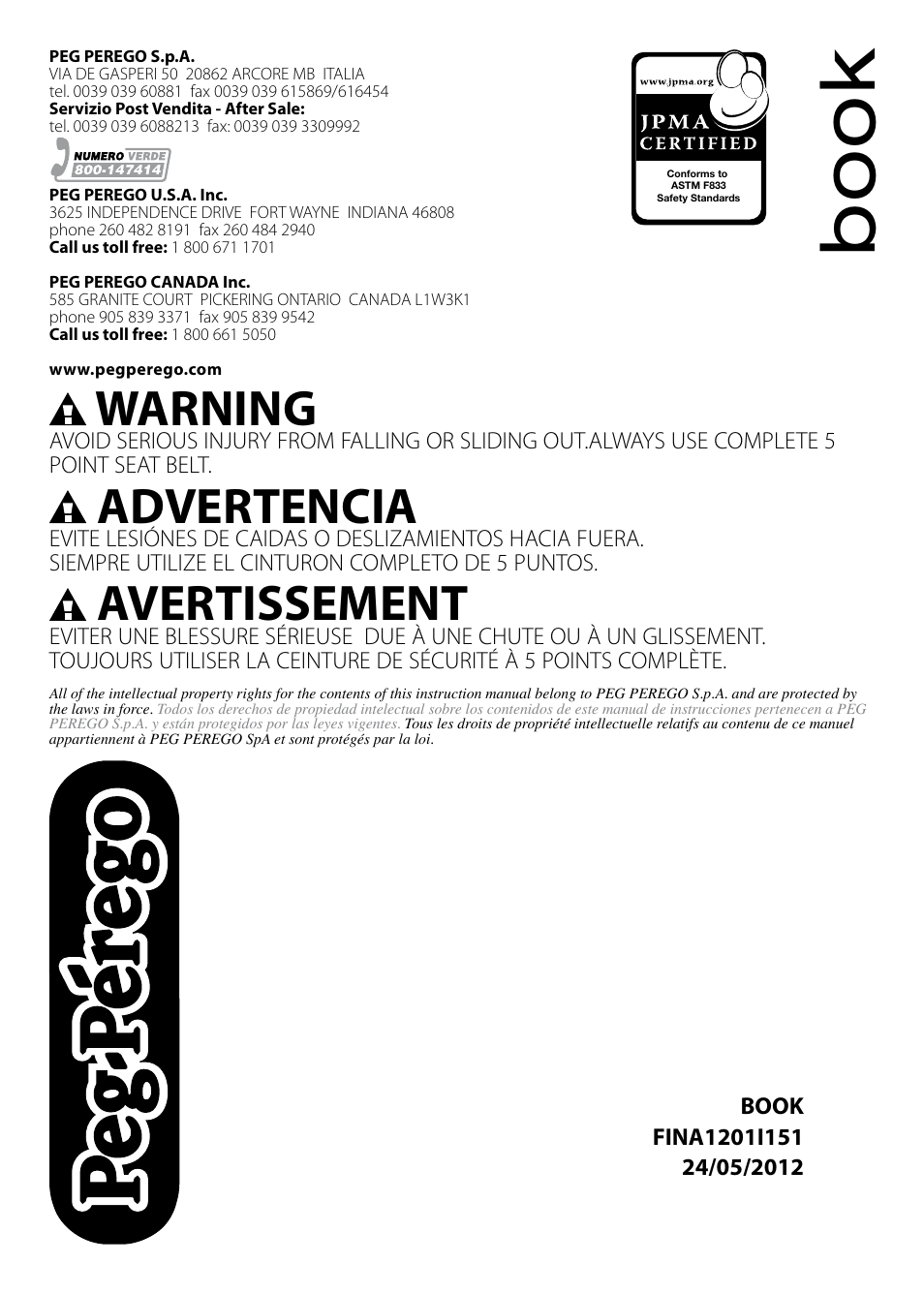 Bo o k, Warning, Advertencia | Avertissement | Peg-Perego Book User Manual | Page 28 / 28