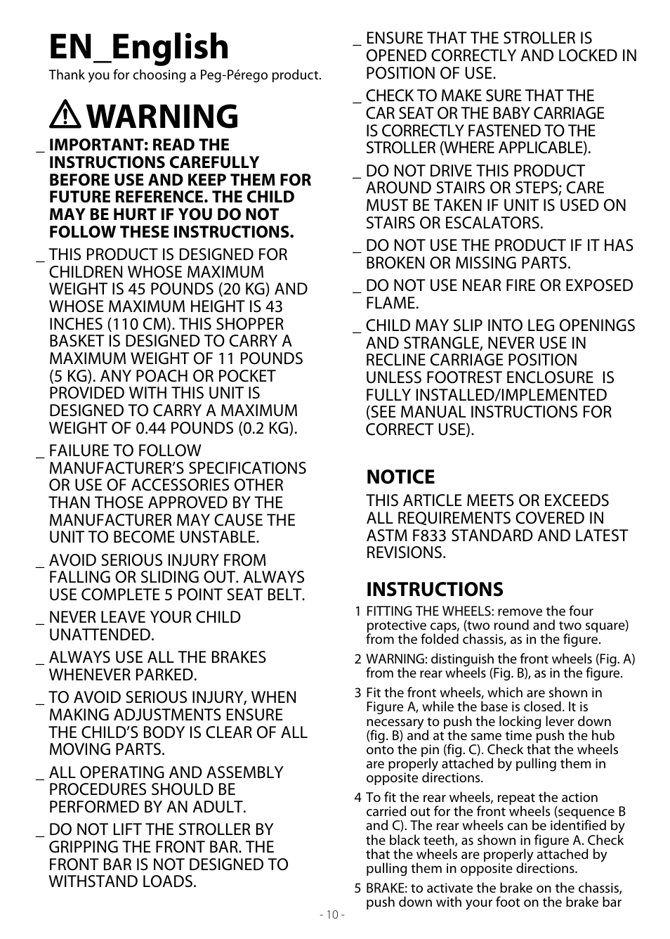 En_english, Warning, Notice | Instructions | Peg-Perego Duette SW User Manual | Page 10 / 20