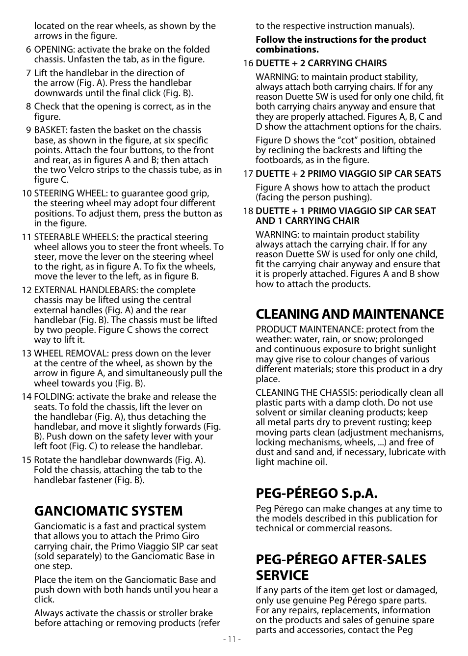 Ganciomatic system, Cleaning and maintenance, Peg-pérego s.p.a | Peg-pérego after-sales service | Peg-Perego Duette SW User Manual | Page 11 / 20