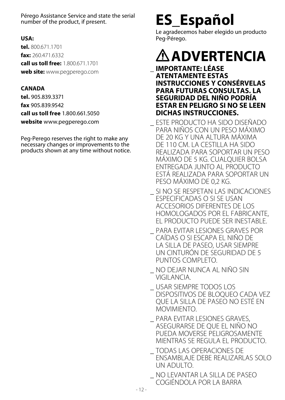 Es_español, Advertencia | Peg-Perego Duette SW User Manual | Page 12 / 20