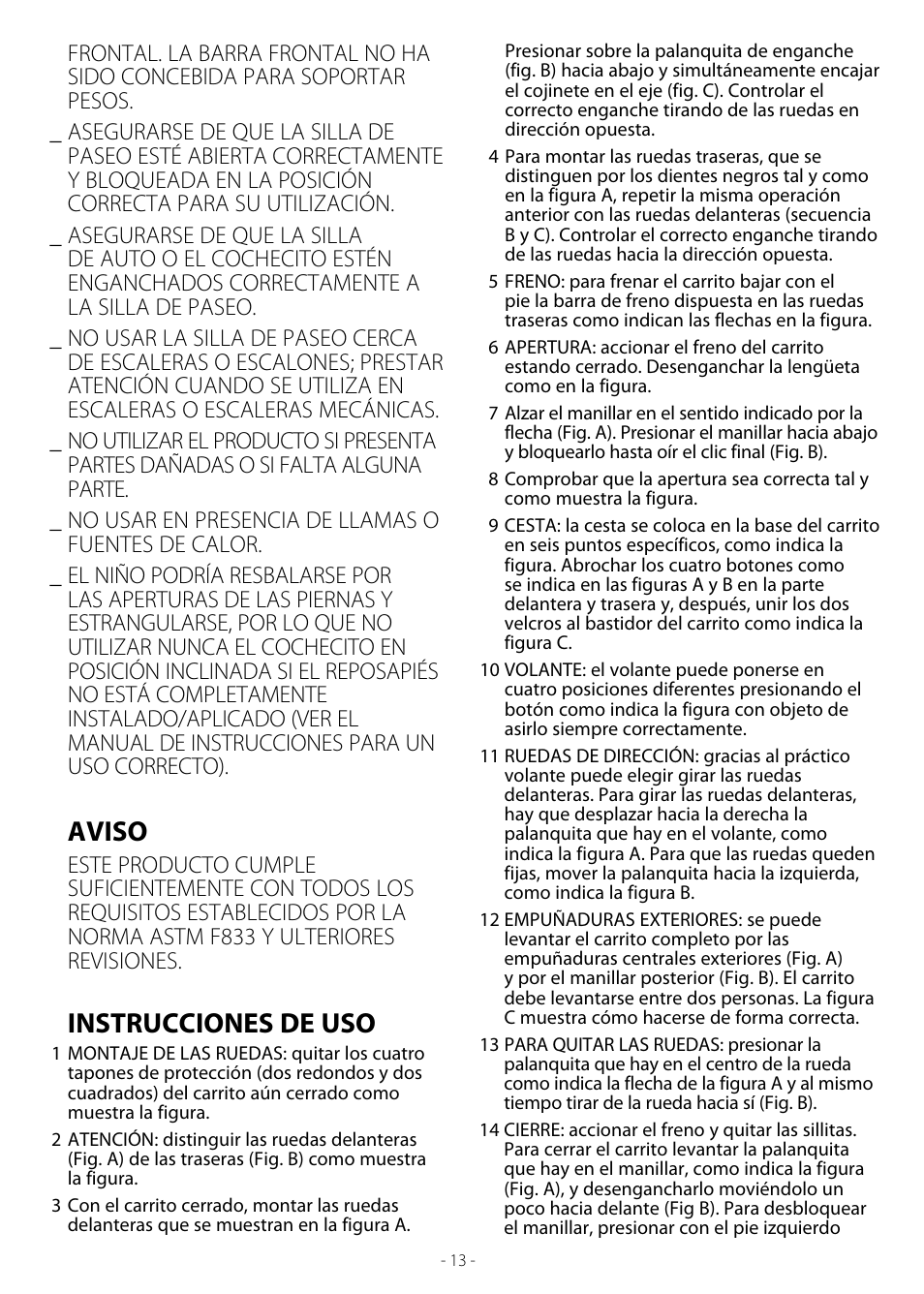 Aviso, Instrucciones de uso | Peg-Perego Duette SW User Manual | Page 13 / 20