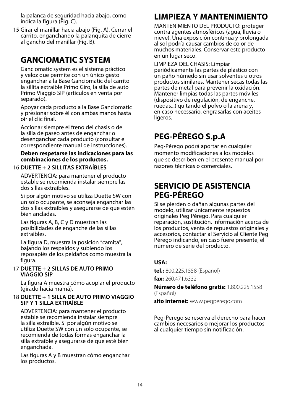 Ganciomatic system, Limpieza y mantenimiento, Peg-pérego s.p.a | Servicio de asistencia peg-pérego | Peg-Perego Duette SW User Manual | Page 14 / 20