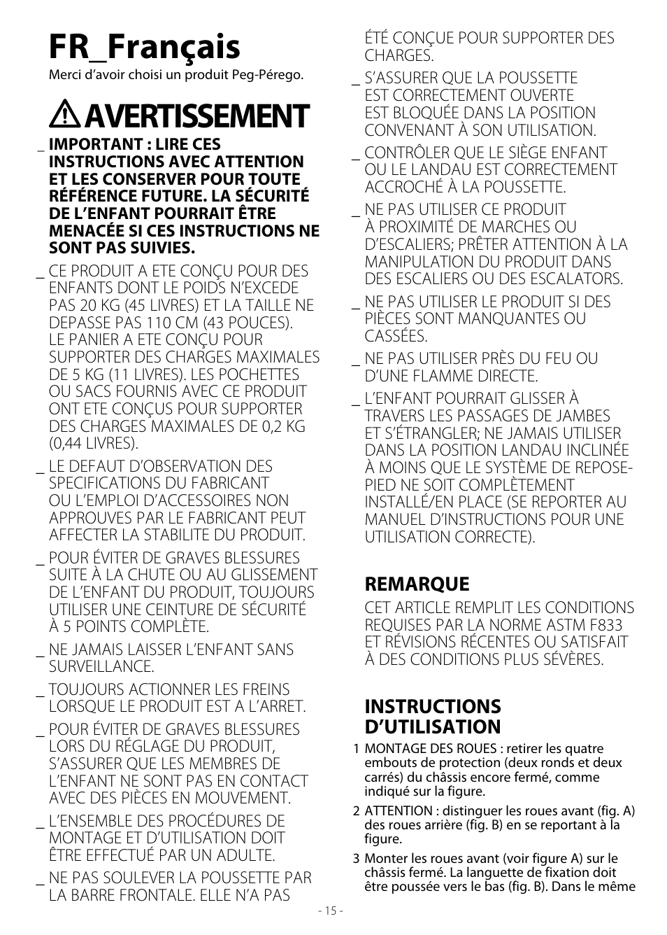 Fr_français, Avertissement, Remarque | Instructions d’utilisation | Peg-Perego Duette SW User Manual | Page 15 / 20