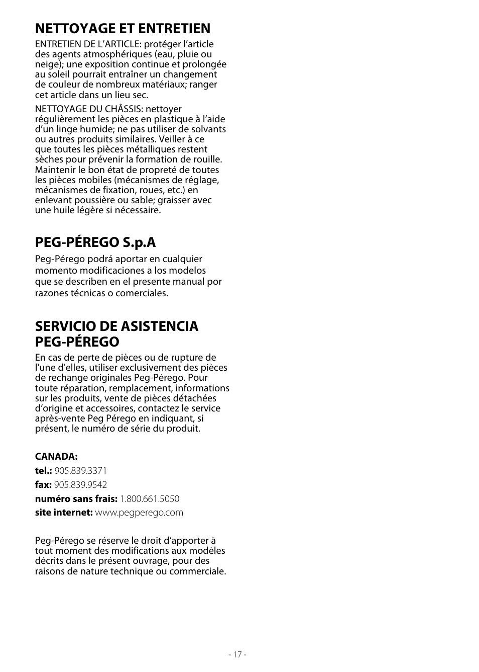 Nettoyage et entretien, Peg-pérego s.p.a, Servicio de asistencia peg-pérego | Peg-Perego Duette SW User Manual | Page 17 / 20