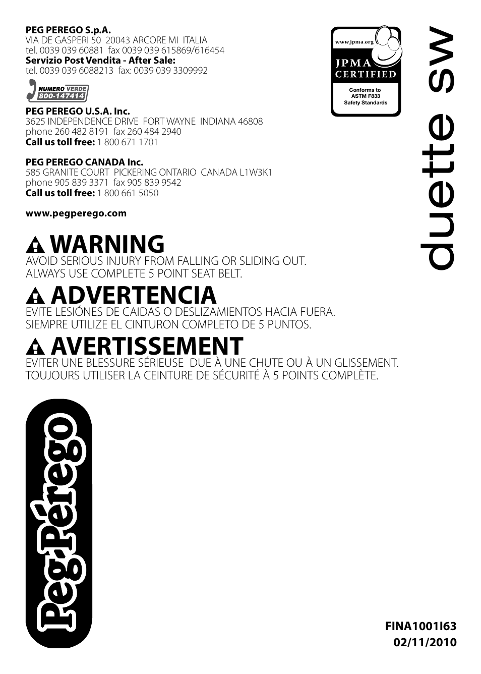 Du e tt e s w, Warning, Advertencia | Avertissement | Peg-Perego Duette SW User Manual | Page 20 / 20