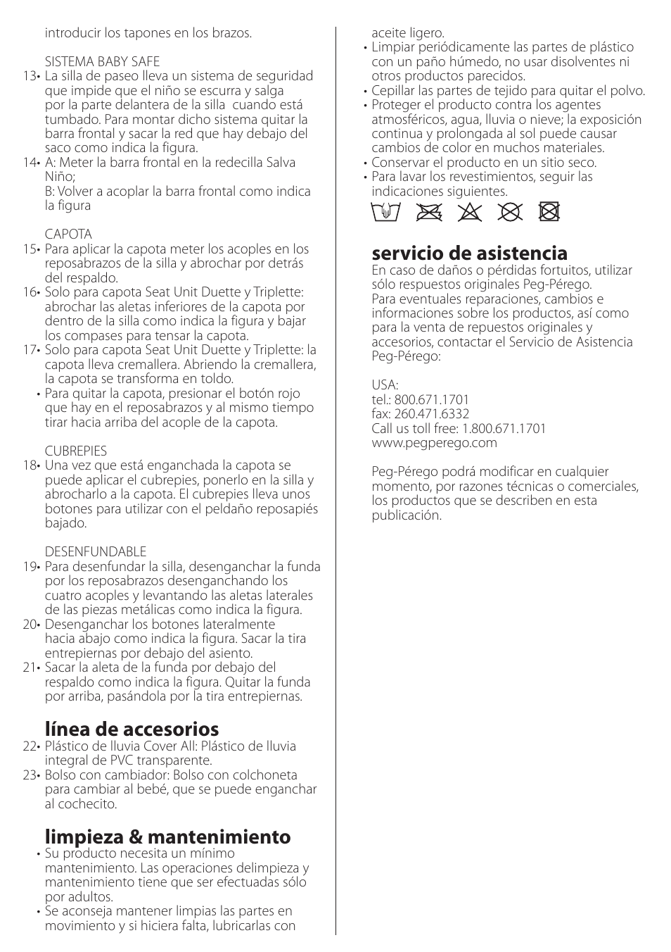 Línea de accesorios, Limpieza & mantenimiento, Servicio de asistencia | Peg-Perego Duette SW Stroller Seat User Manual | Page 11 / 16