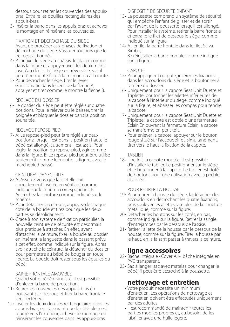 Ligne accessoires, Nettoyage et entretien | Peg-Perego Duette SW Stroller Seat User Manual | Page 13 / 16