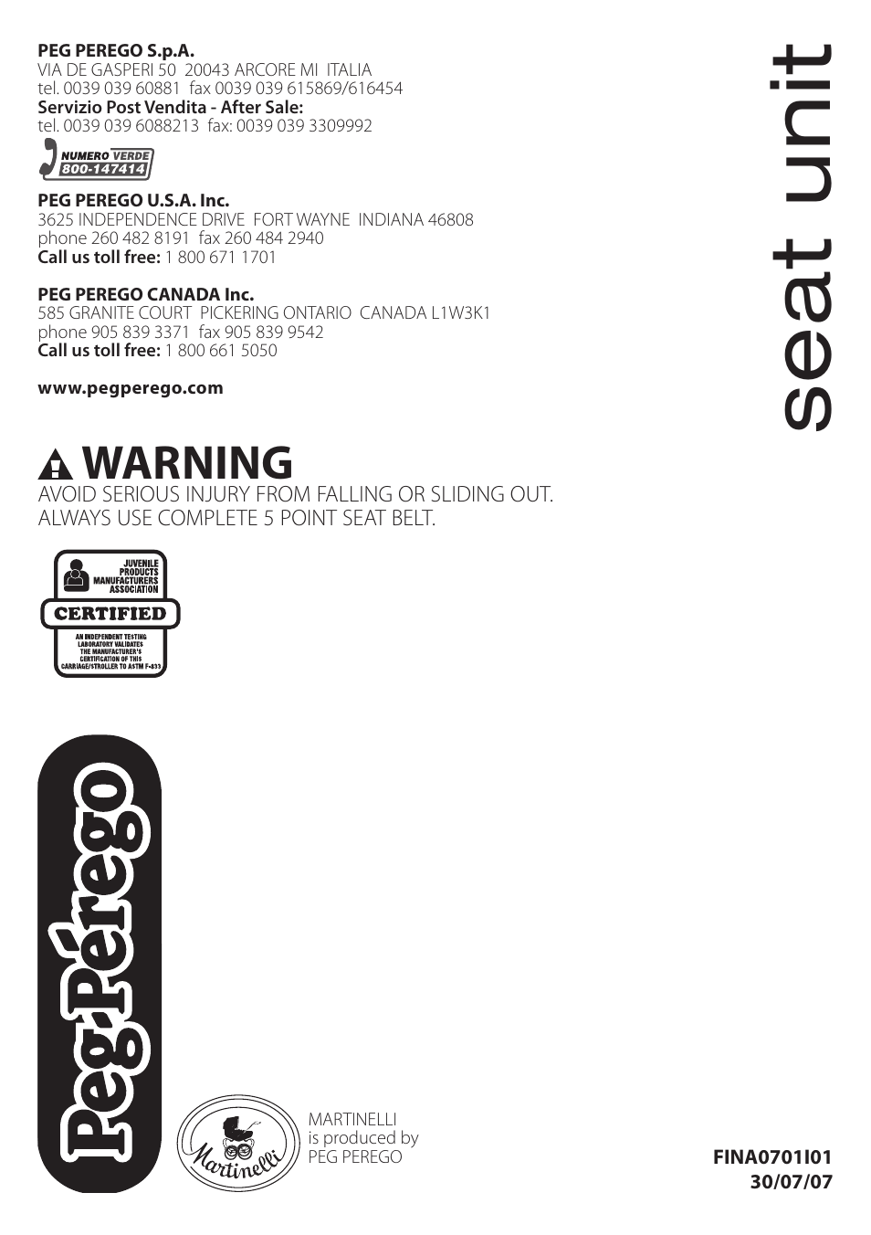 Seat unit, Warning | Peg-Perego Duette SW Stroller Seat User Manual | Page 16 / 16