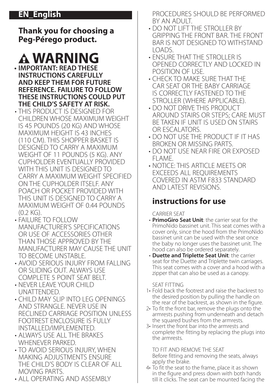 Warning, Instructions for use | Peg-Perego Duette SW Stroller Seat User Manual | Page 7 / 16