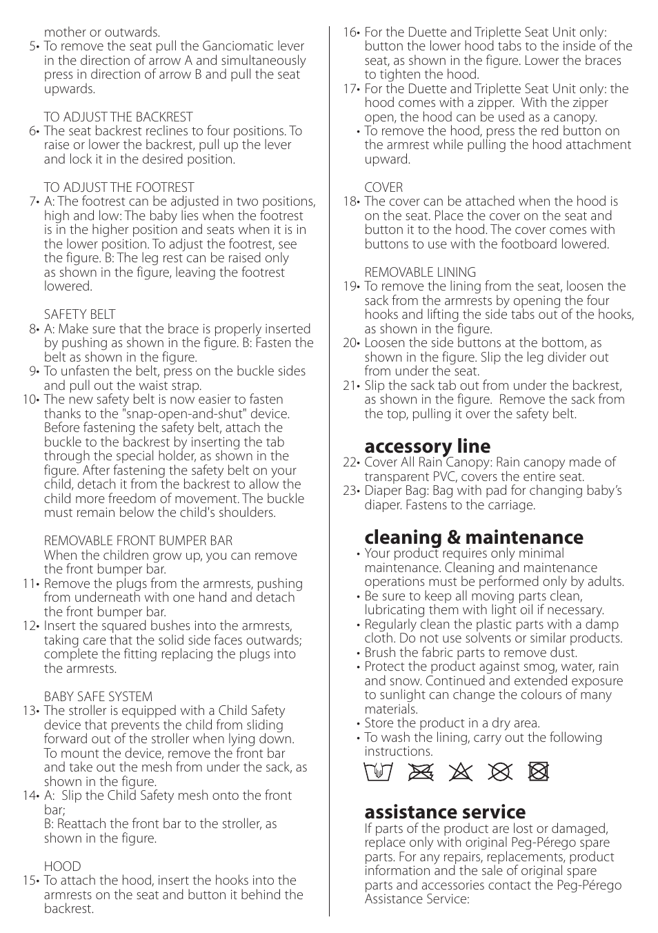 Accessory line, Cleaning & maintenance, Assistance service | Peg-Perego Duette SW Stroller Seat User Manual | Page 8 / 16