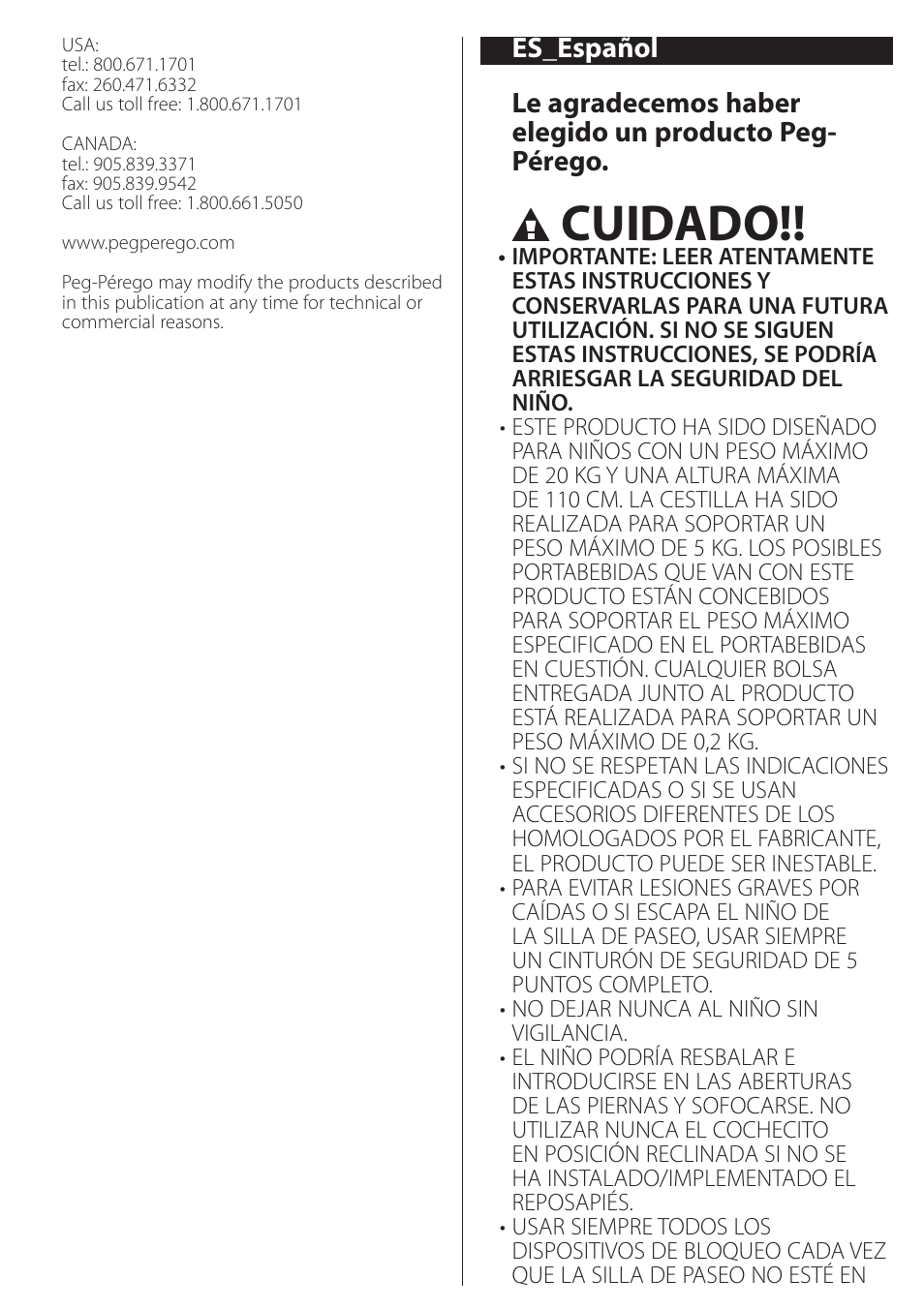 Cuidado | Peg-Perego Duette SW Stroller Seat User Manual | Page 9 / 16