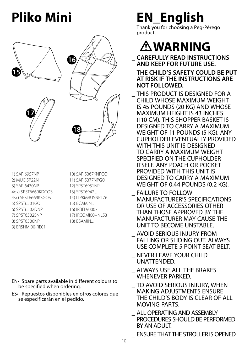 En_english, Pliko mini, Warning | Peg-Perego Pliko Mini Stroller User Manual | Page 10 / 16