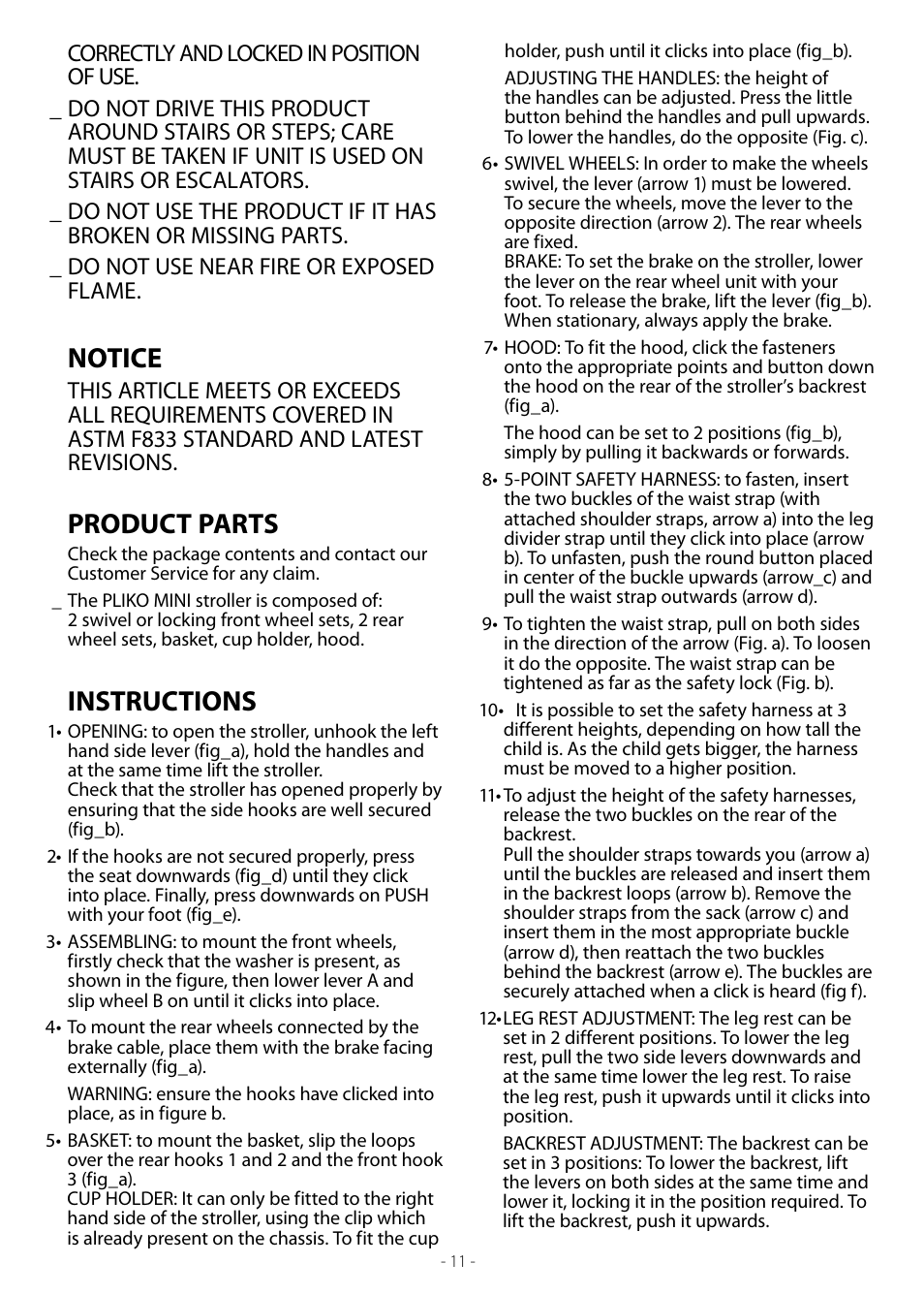 Notice, Product parts, Instructions | Peg-Perego Pliko Mini Stroller User Manual | Page 11 / 16