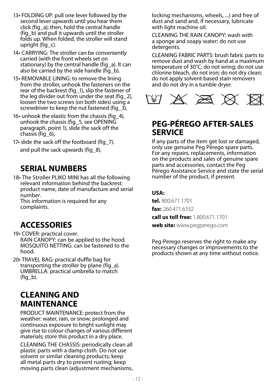 Serial numbers, Accessories, Cleaning and maintenance | Peg-pérego after-sales service | Peg-Perego Pliko Mini Stroller User Manual | Page 12 / 16