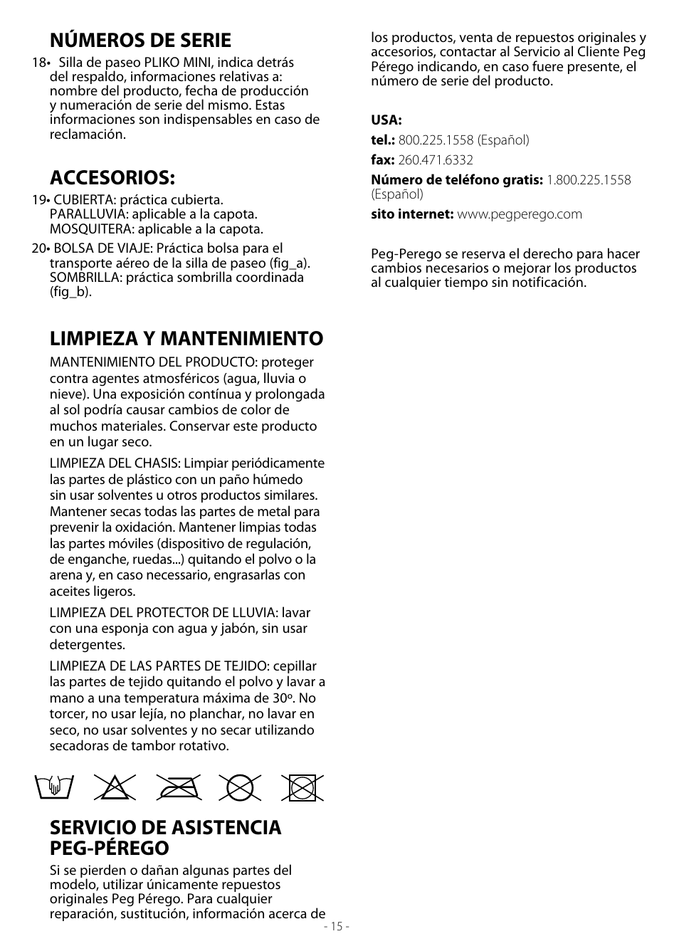 Números de serie, Accesorios, Limpieza y mantenimiento | Servicio de asistencia peg-pérego | Peg-Perego Pliko Mini Stroller User Manual | Page 15 / 16