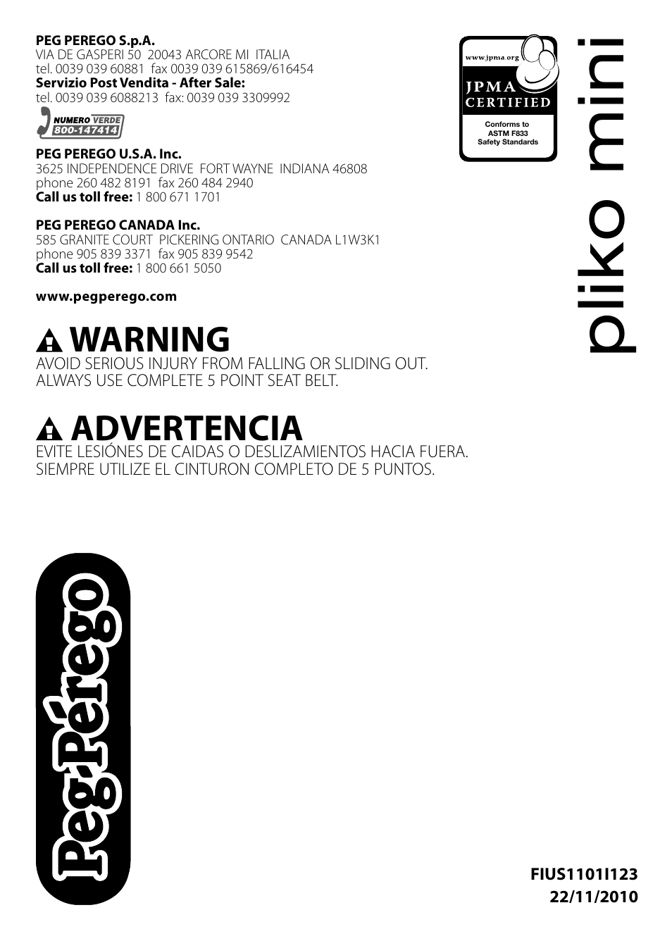 Plik o m in i, Warning, Advertencia | Peg-Perego Pliko Mini Stroller User Manual | Page 16 / 16