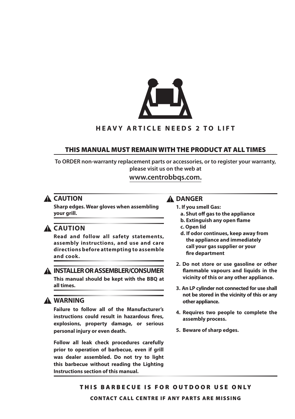 Danger, Warning, Caution | Installer or assembler/consumer | Centro G51202 User Manual | Page 2 / 19