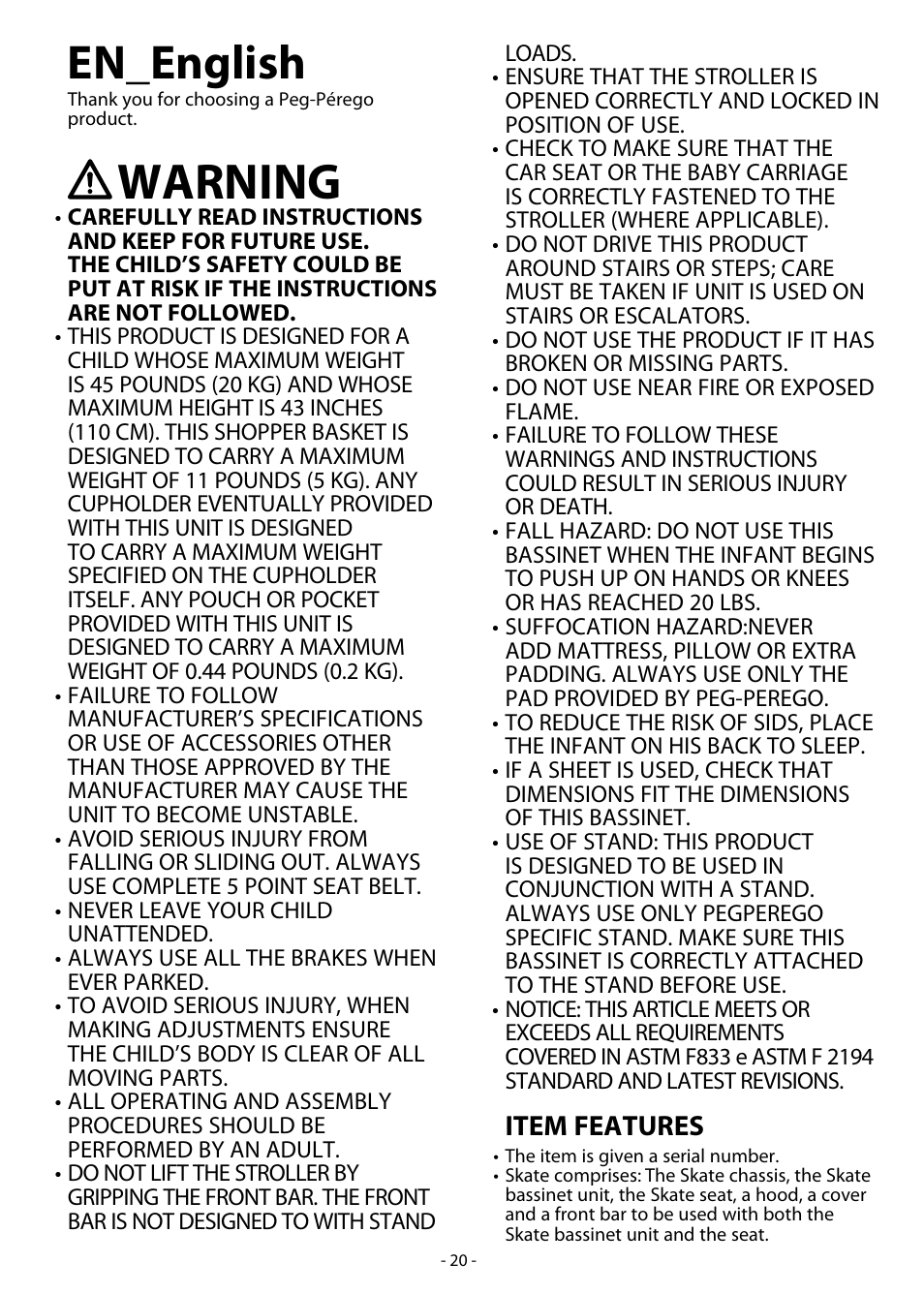 Warning, En_english, Item features | Peg-Perego Skate System User Manual | Page 20 / 40