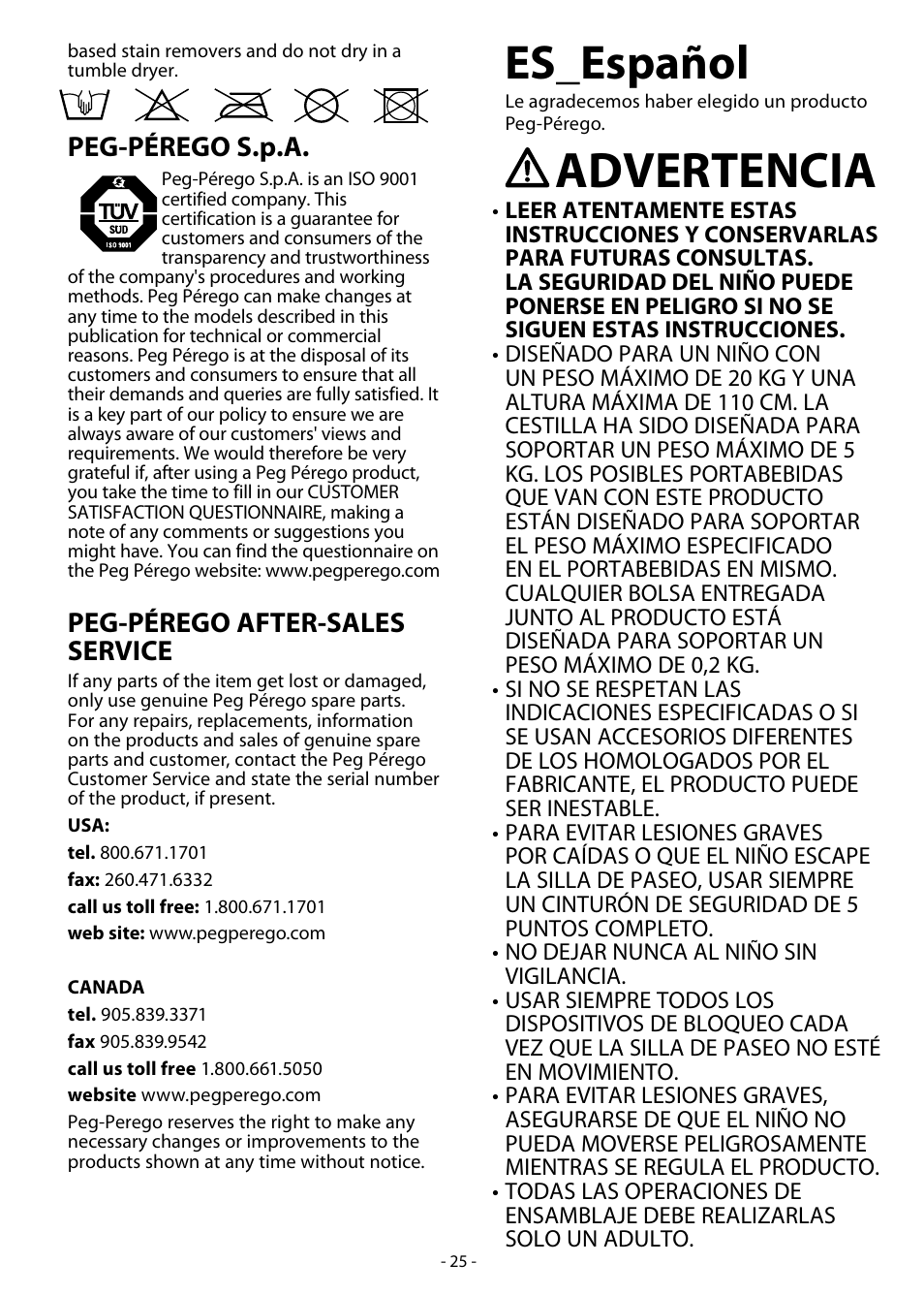 Advertencia, Es_español, Peg-pérego s.p.a | Peg-pérego after-sales service | Peg-Perego Skate System User Manual | Page 25 / 40