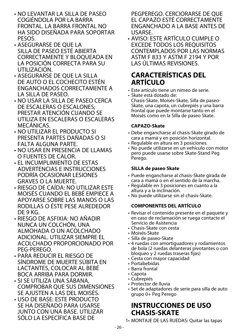 Características del artículo, Instrucciones de uso chasis-skate | Peg-Perego Skate System User Manual | Page 26 / 40