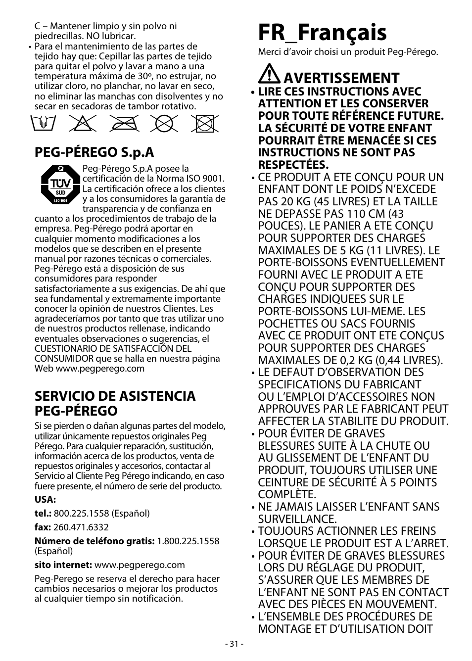 Fr_français, Avertissement, Peg-pérego s.p.a | Servicio de asistencia peg-pérego | Peg-Perego Skate System User Manual | Page 31 / 40