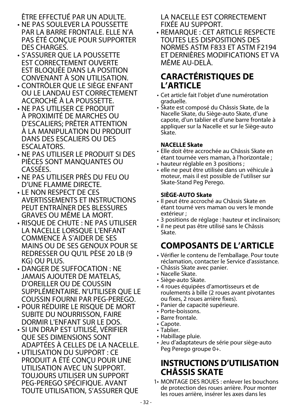 Caractéristiques de l’article, Composants de l’article, Instructions d’utilisation châssis skate | Peg-Perego Skate System User Manual | Page 32 / 40
