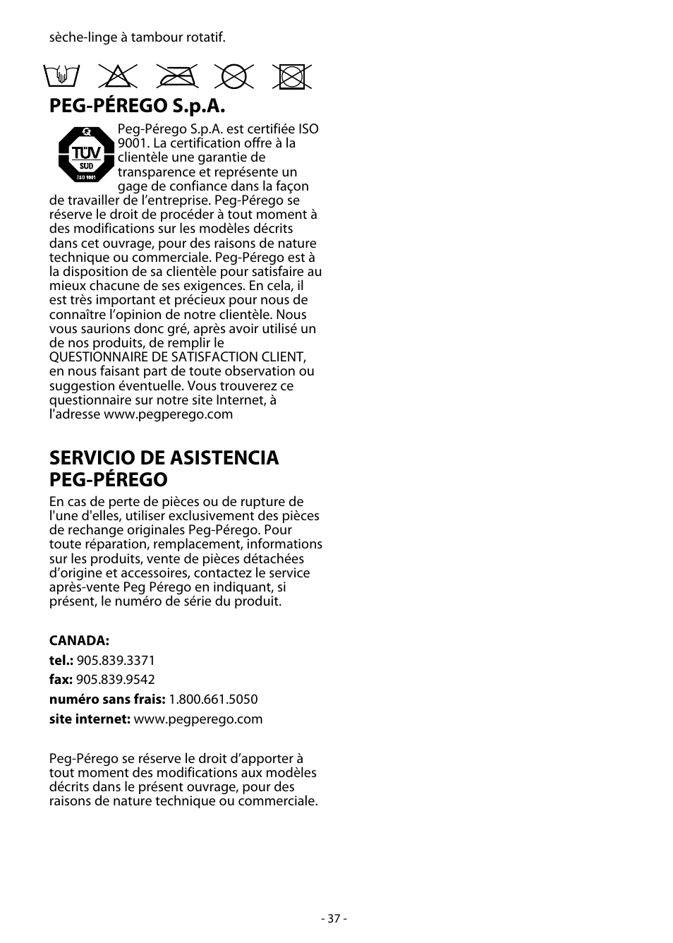 Peg-pérego s.p.a, Servicio de asistencia peg-pérego | Peg-Perego Skate System User Manual | Page 37 / 40