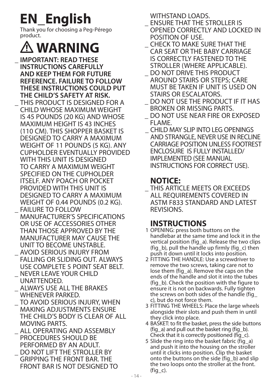 En_english, Warning, Notice | Instructions | Peg-Perego Uno User Manual | Page 14 / 24