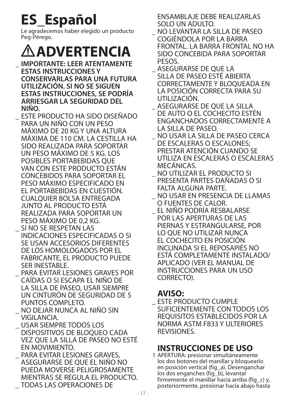 Es_español, Advertencia, Aviso | Instrucciones de uso | Peg-Perego Uno User Manual | Page 17 / 24