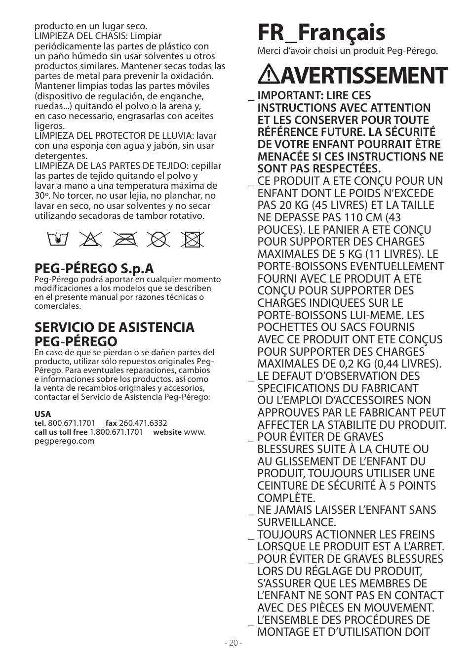 Fr_français, Avertissement, Peg-pérego s.p.a | Servicio de asistencia peg-pérego | Peg-Perego Uno User Manual | Page 20 / 24