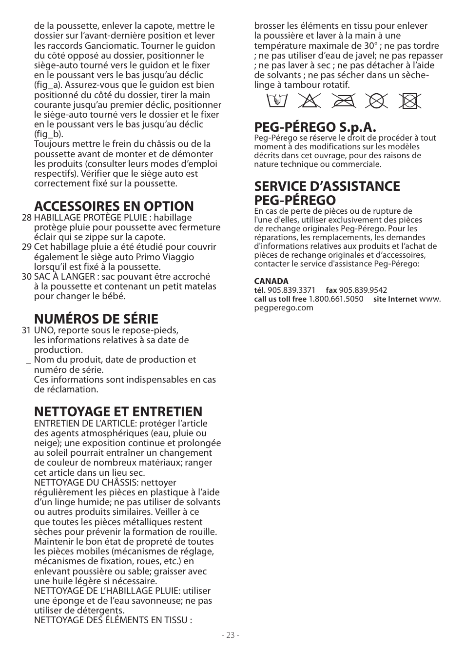 Accessoires en option, Numéros de série, Nettoyage et entretien | Peg-pérego s.p.a, Service d’assistance peg-pérego | Peg-Perego Uno User Manual | Page 23 / 24
