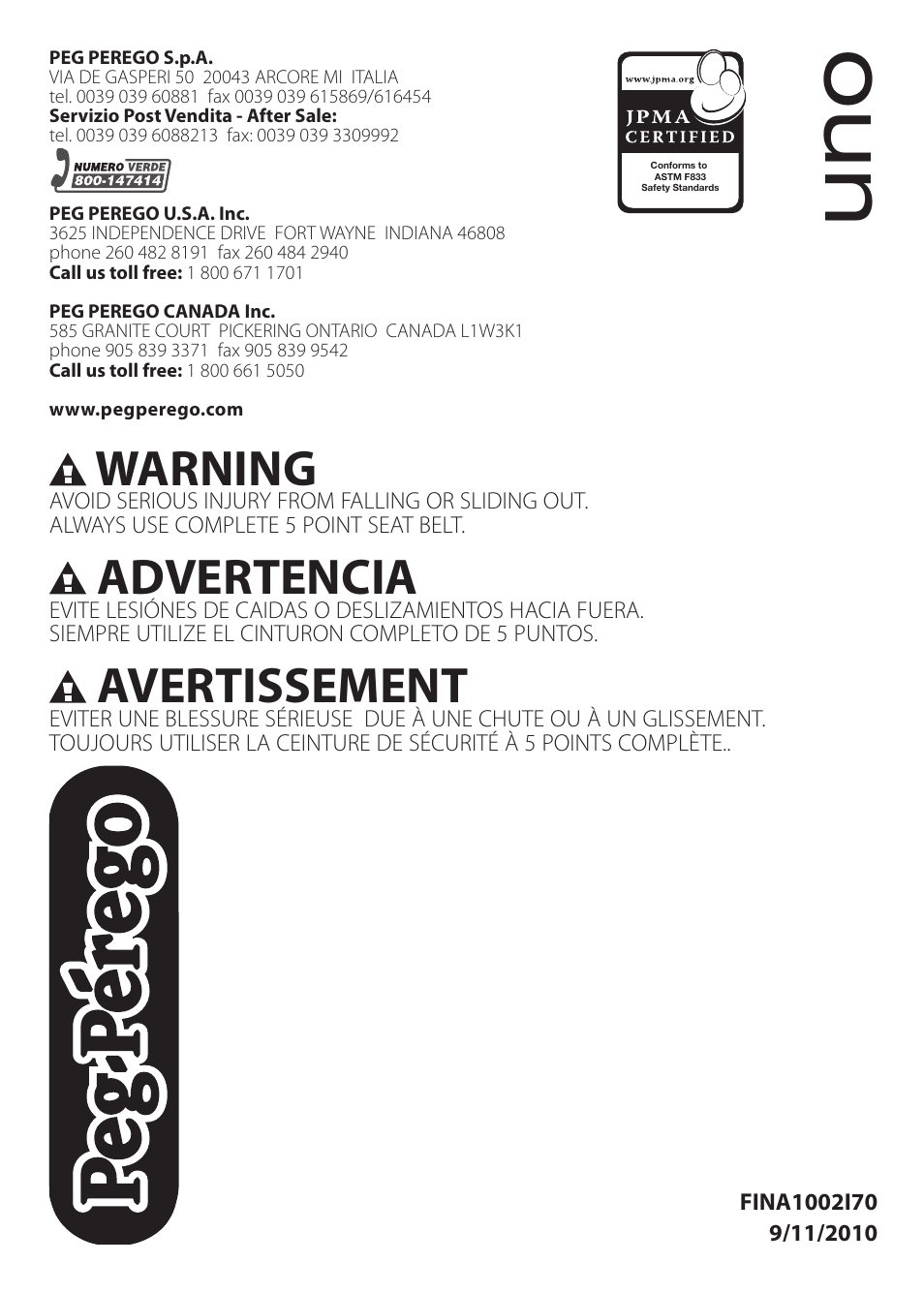 Un o, Warning, Advertencia | Avertissement | Peg-Perego Uno User Manual | Page 24 / 24