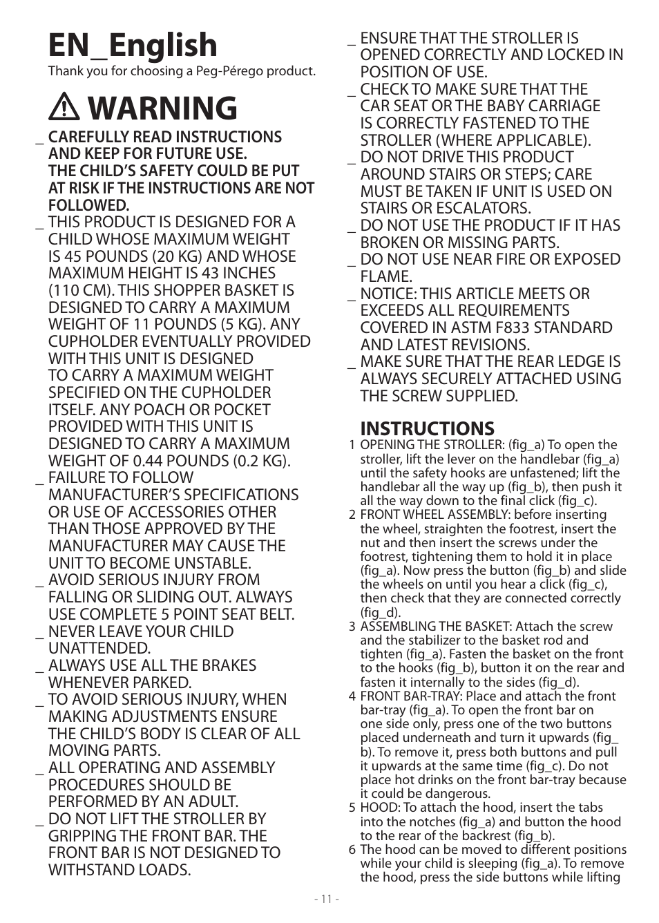 En_english, Warning, Instructions | Peg-Perego Vela Easy Drive User Manual | Page 11 / 20