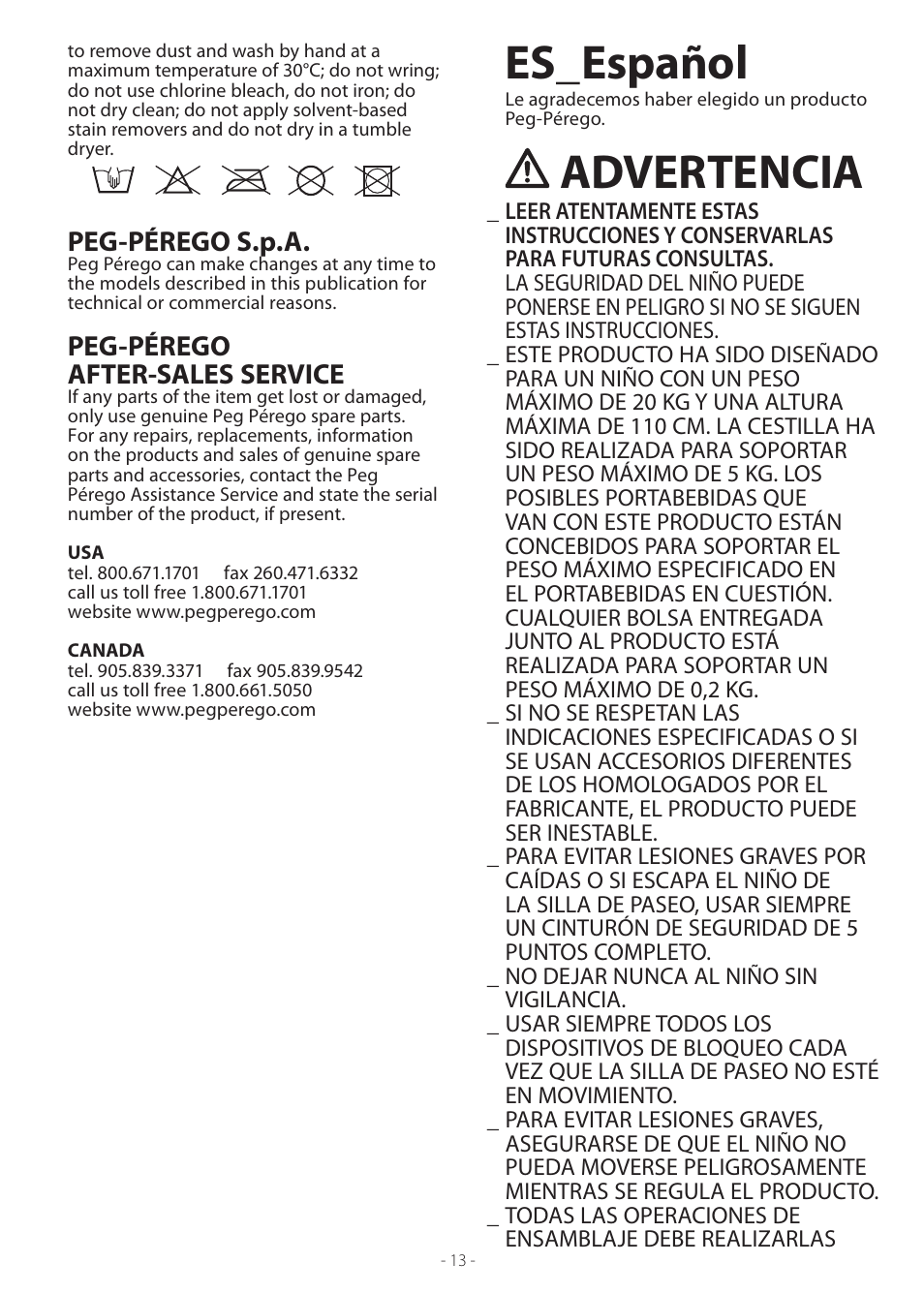 Es_español, Advertencia, Peg-pérego s.p.a | Peg-pérego after-sales service | Peg-Perego Vela Easy Drive User Manual | Page 13 / 20