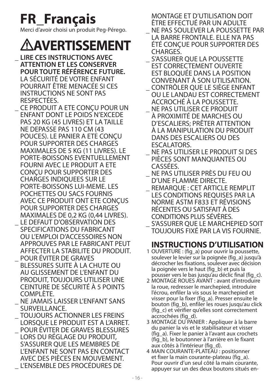 Fr_français, Avertissement, Instructions d’utilisation | Peg-Perego Vela Easy Drive User Manual | Page 16 / 20