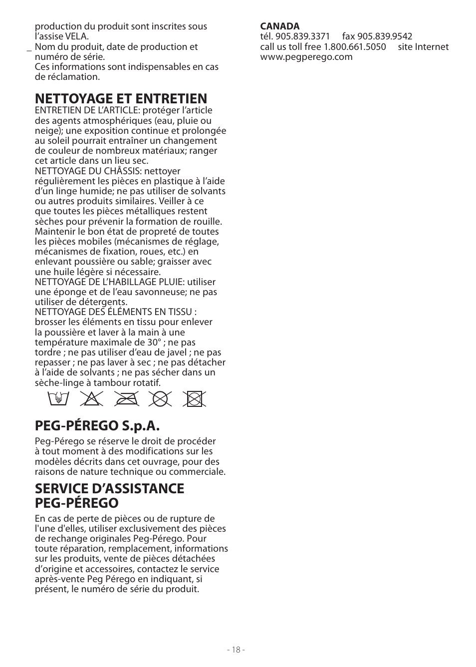 Nettoyage et entretien, Peg-pérego s.p.a, Service d’assistance peg-pérego | Peg-Perego Vela Easy Drive User Manual | Page 18 / 20