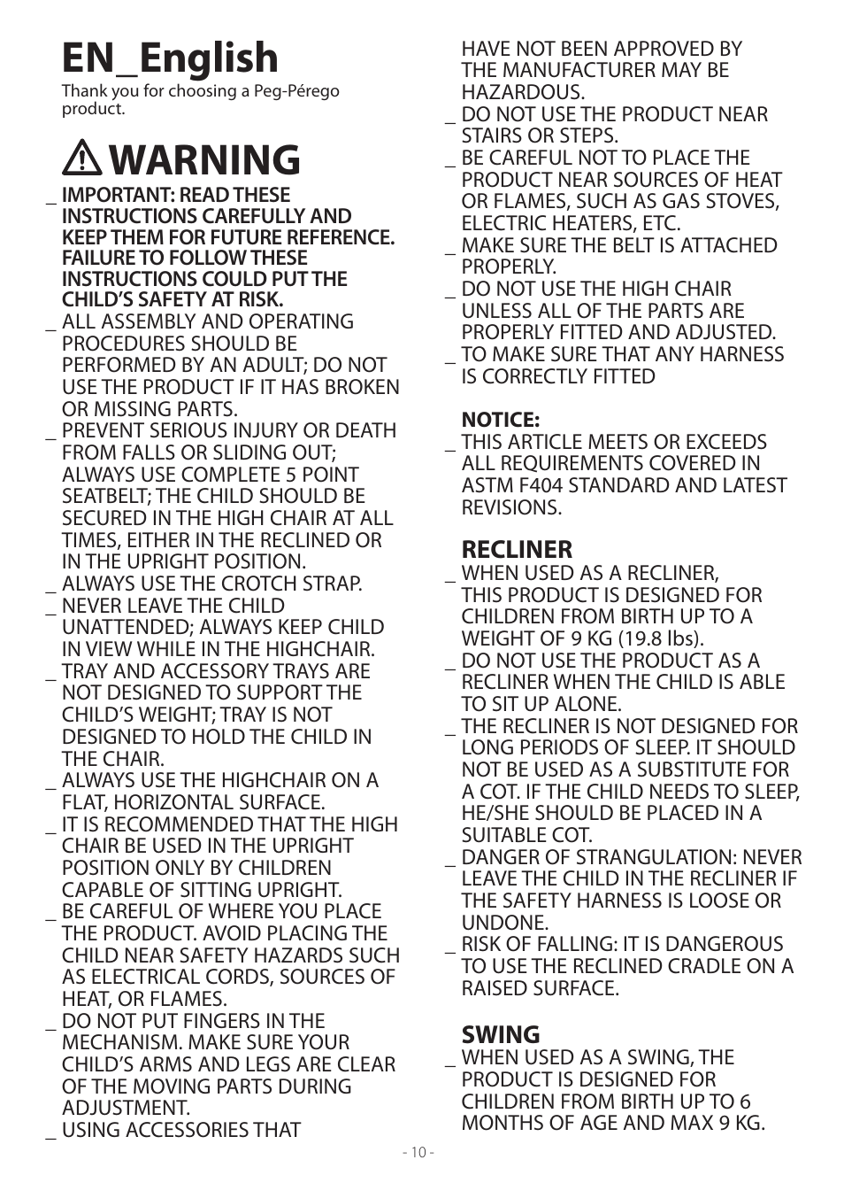 En_english, Warning, Recliner | Swing | Peg-Perego Tatamia User Manual | Page 10 / 20